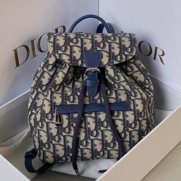 DIOR logo printed flap backpack in beige and blue - Picture 1 of 7
